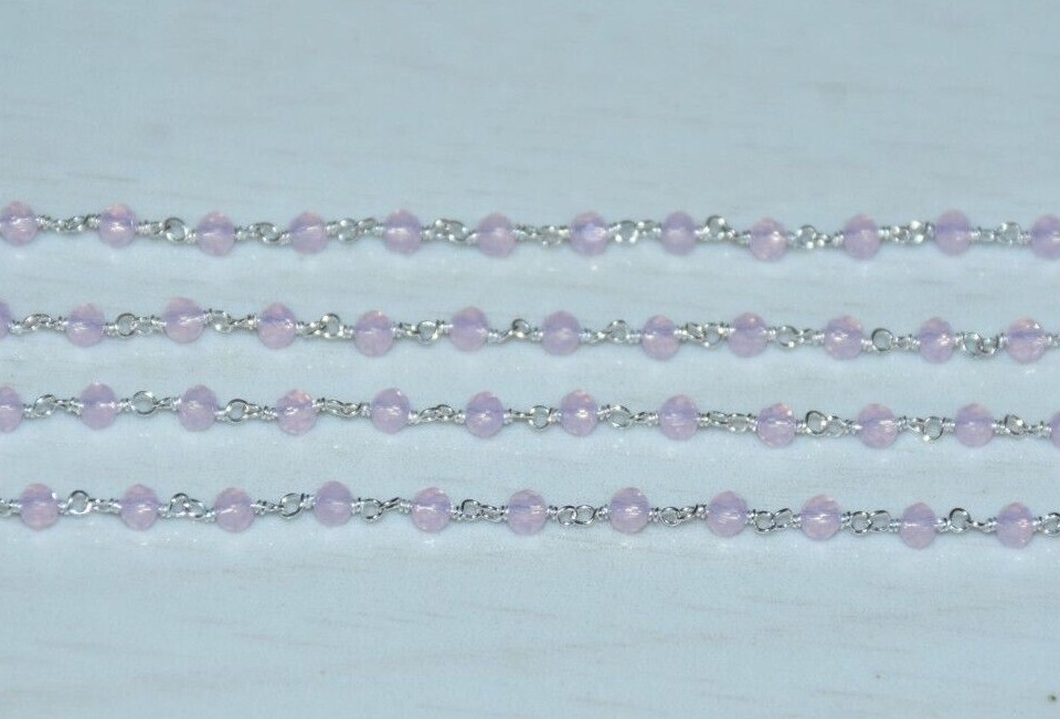 925 sterling silver wire beaded rosary chain. 3mm pink quartz beads bulk chain