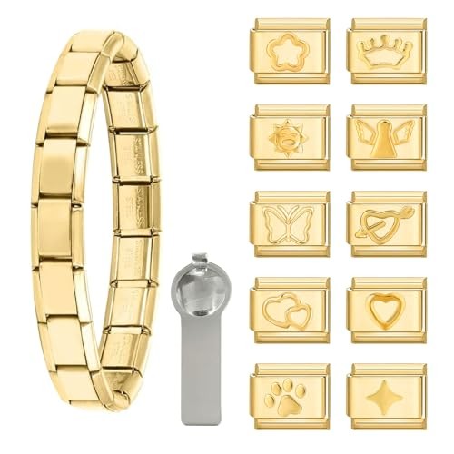 Italian Charm Bracelet Gold Set with Starter Brascelet, Assorted Gold Charms and