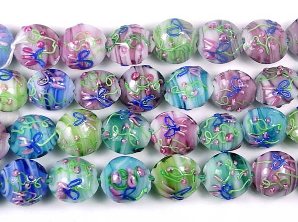 6 Handmade Lampwork Glass “Spunky Garden” Lentil Coin beads 16mm