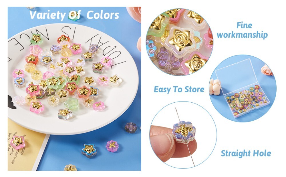 1Box Transparent Star Flower Bee Spray Painted Glass Beads with Glitter Powder