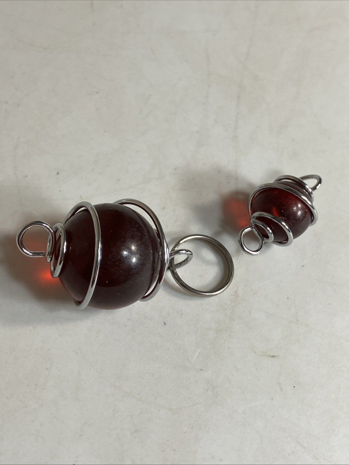 2 Large Beads For Craft Wrapped In Silver Tone Wire Vintage