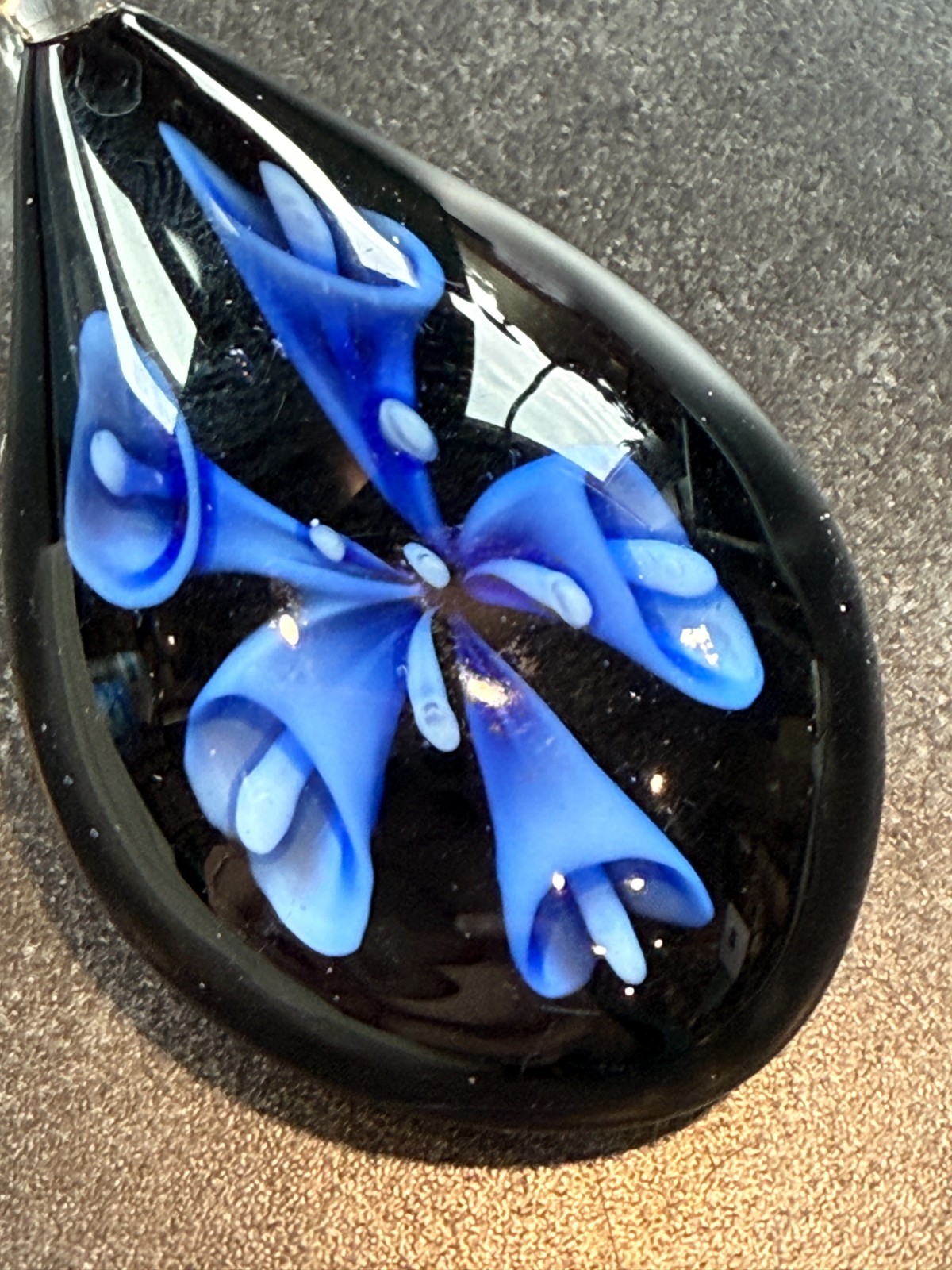 Hand Made Artisan Glass Pendant Flower Blue & Black for Crafting Jewelry