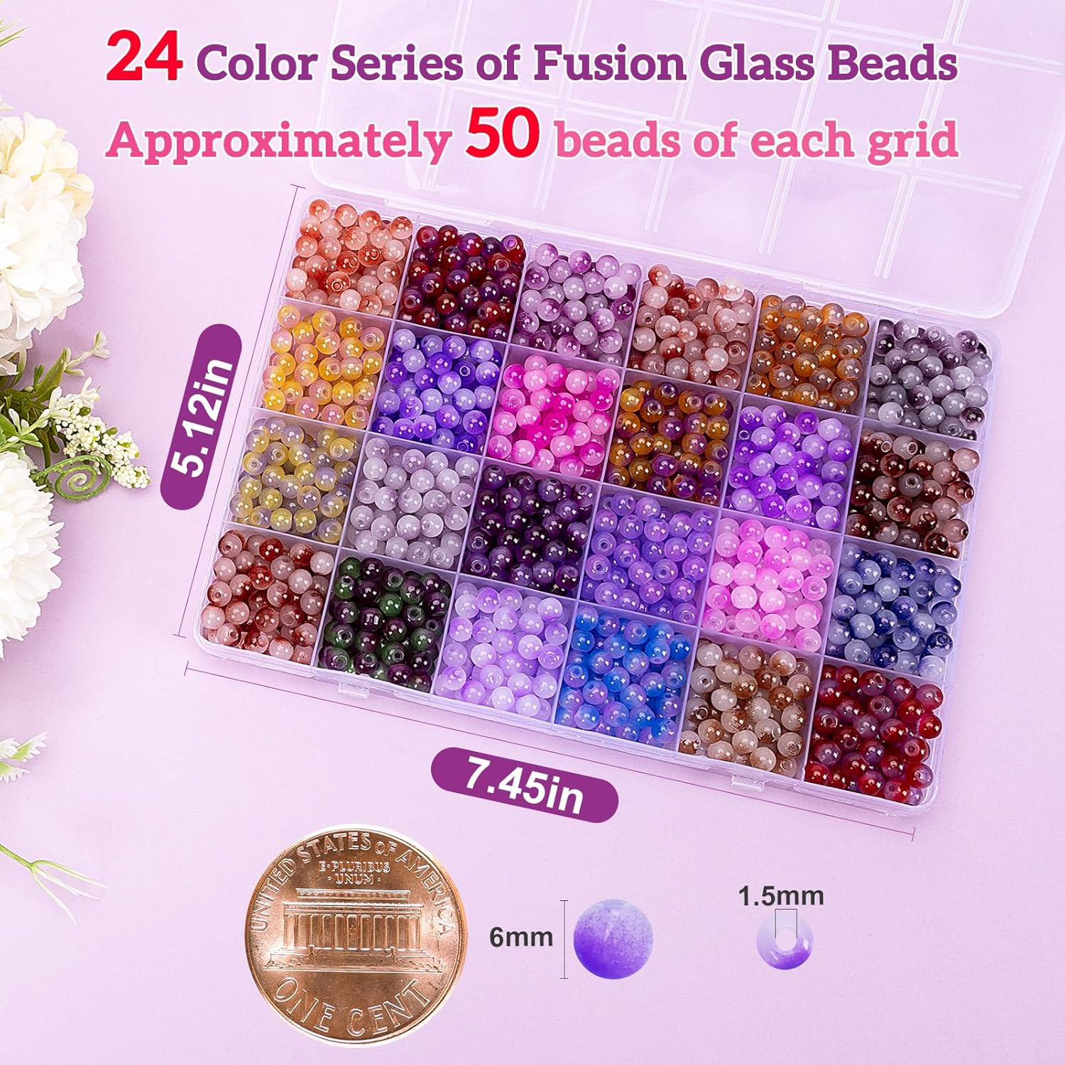 about 1200+ Pcs 6Mm Glass Beads Bracelet Making Kit, 24 Assorted Purple Bi-Color