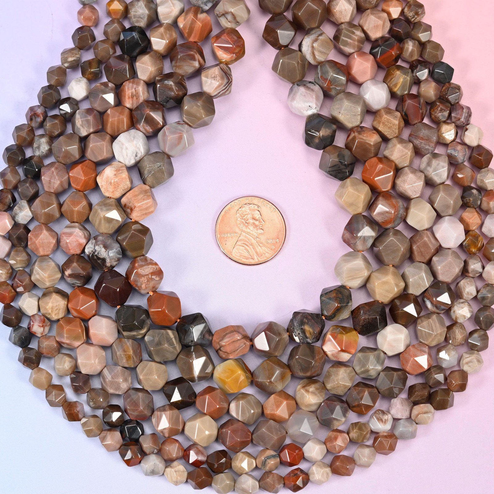 Petrified Wood Beads: Faceted Diamond Star Cut, 6-10mm, 15.5 inch Strand