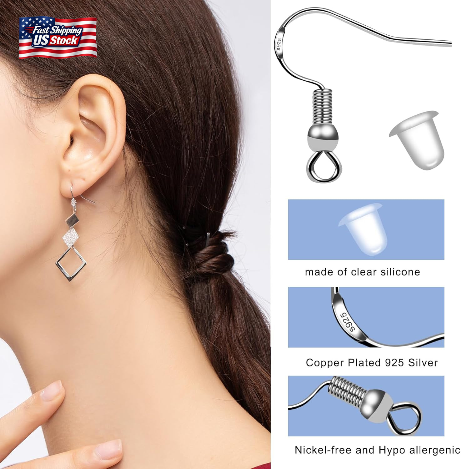 100 PCS/50 Pairs 925 Sterling Silver Earring Hooks Fish Hook Ear Wires French Wi