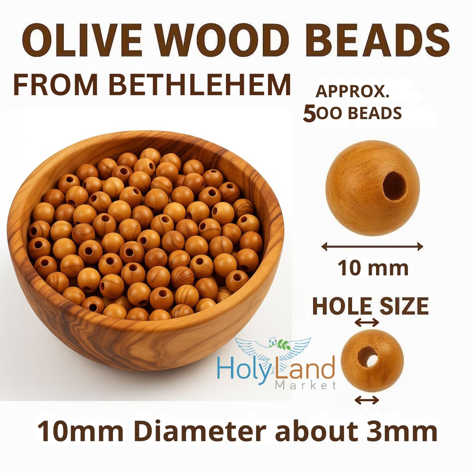 Holy Land Market Bethlehem 10Mm Smooth Olive Wood Beads 500-Piece Bag