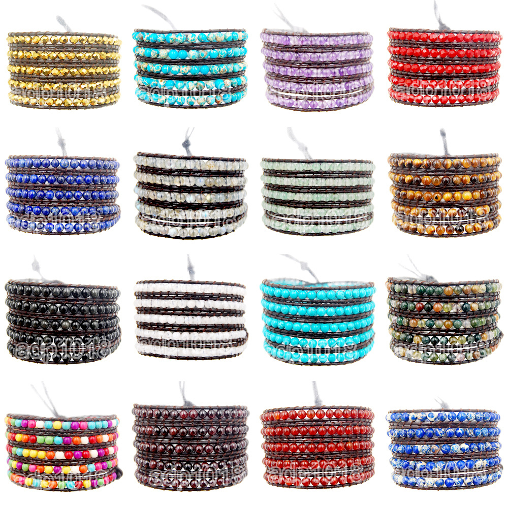 Hot Colorful Hand Made Mixed Crystal and Gemstones Beads Wrap Leather Bracelet