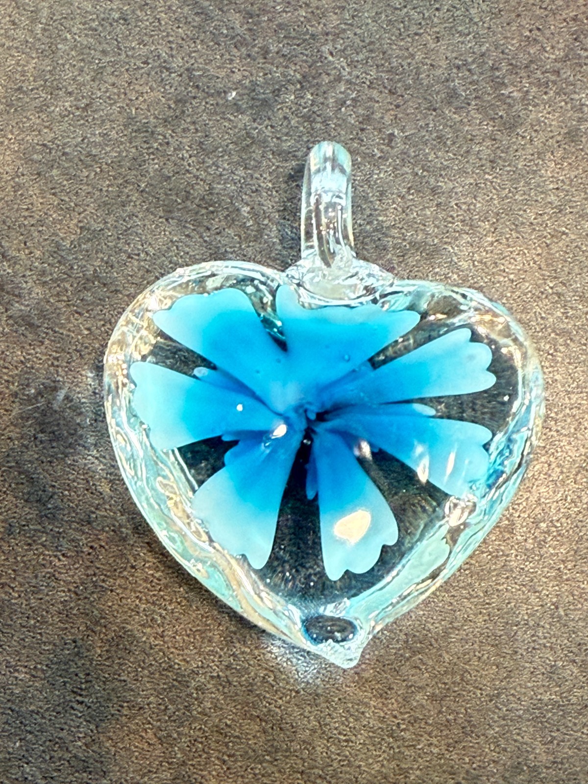 Hand Made Artisan Glass Pendant Puffy Heart Blue Flower Crafting Jewelry Making