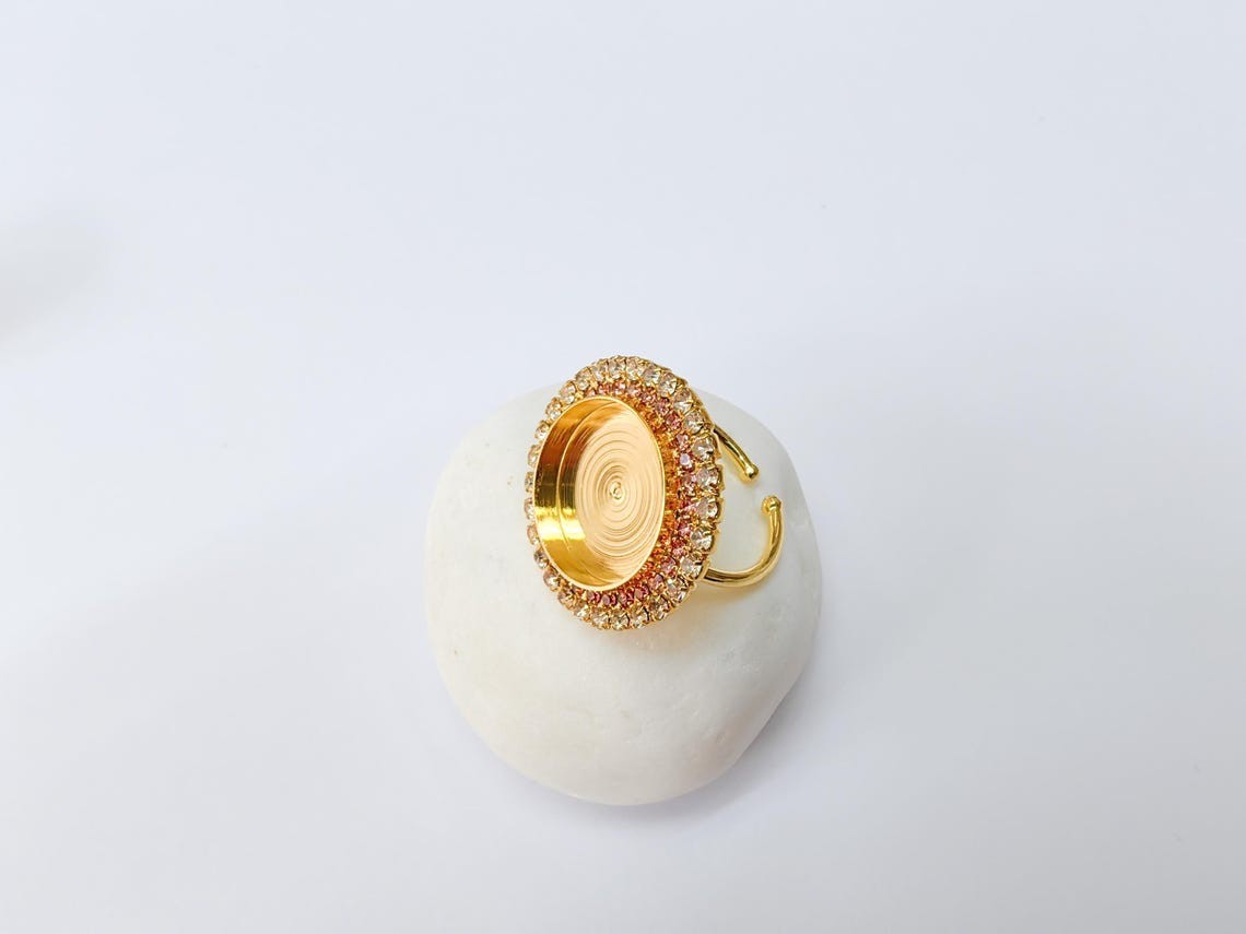 Pink Crystal Ring Blank Base Bezel Setting Adjustable 16mm 24k Shiny Gold G37445
