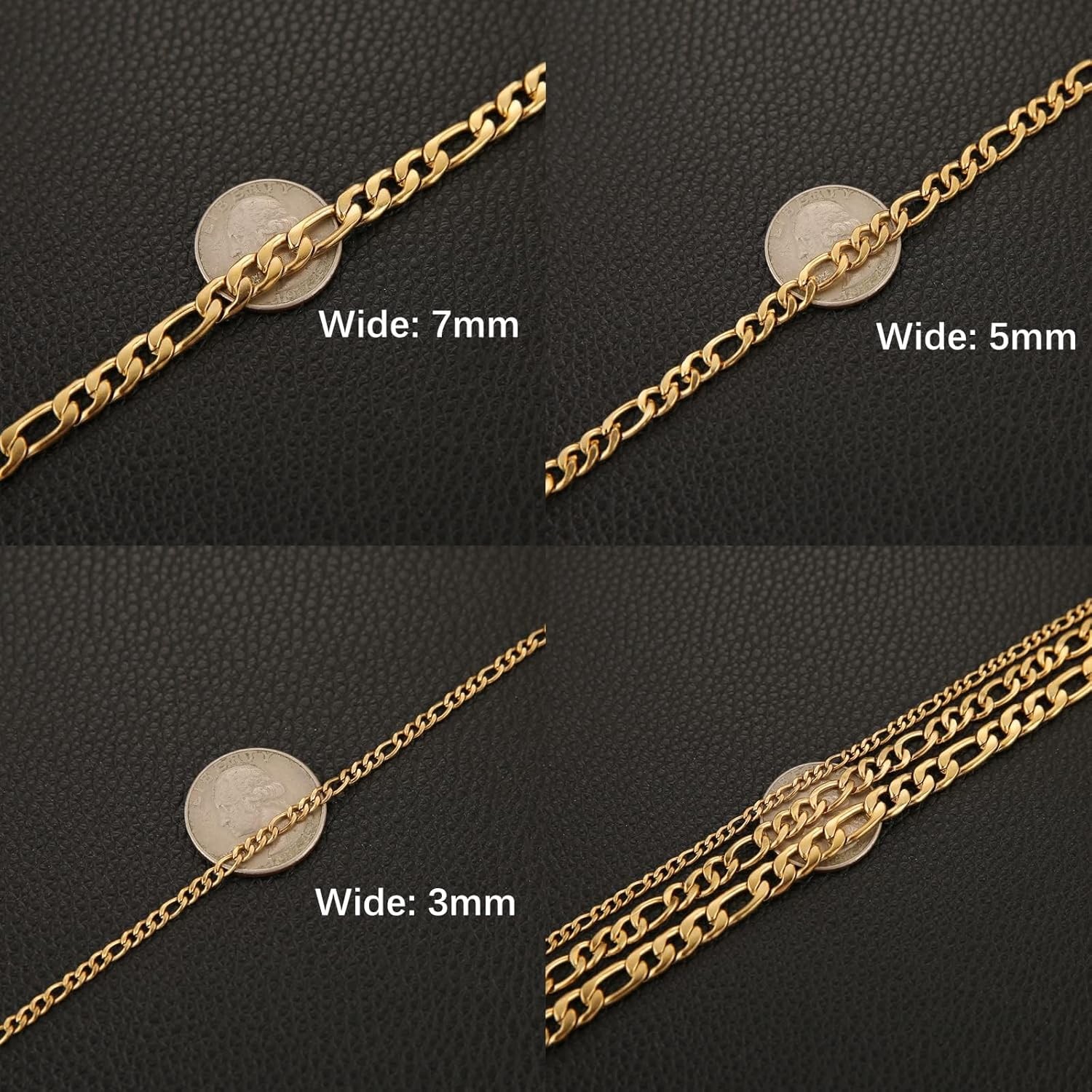 24K Gold Plated Figaro Chain Necklace Stainless Steel Unisex