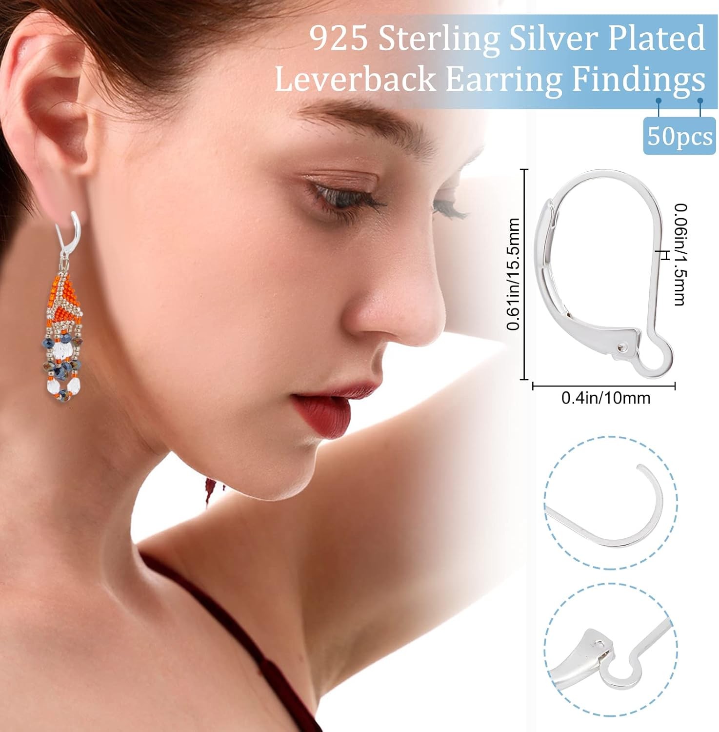 Beebeecraft 1 Box 50Pcs Leverback Earring Findings 925 Sterling Silver Plated Cl