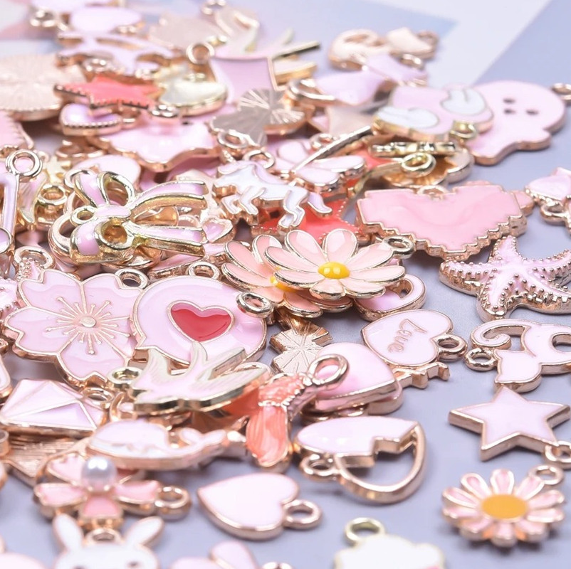 50pcs Pink Enamel Charms Mixed Animal Heart Flower Moon DIY Jewelry
