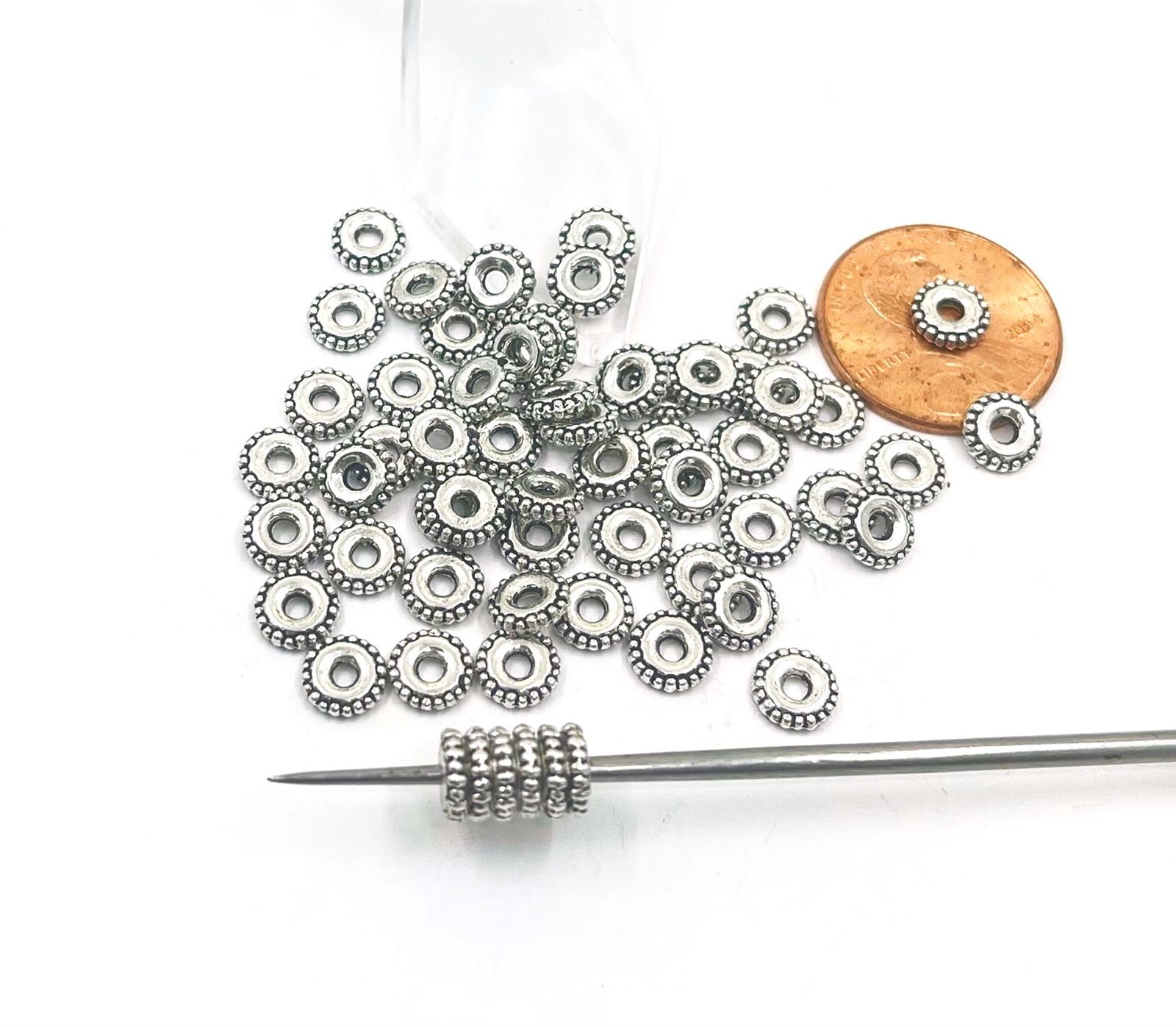 50 Rondelle Daisy Bali Style Antique Silver Pewter Spacer Flat Round beads 5mm