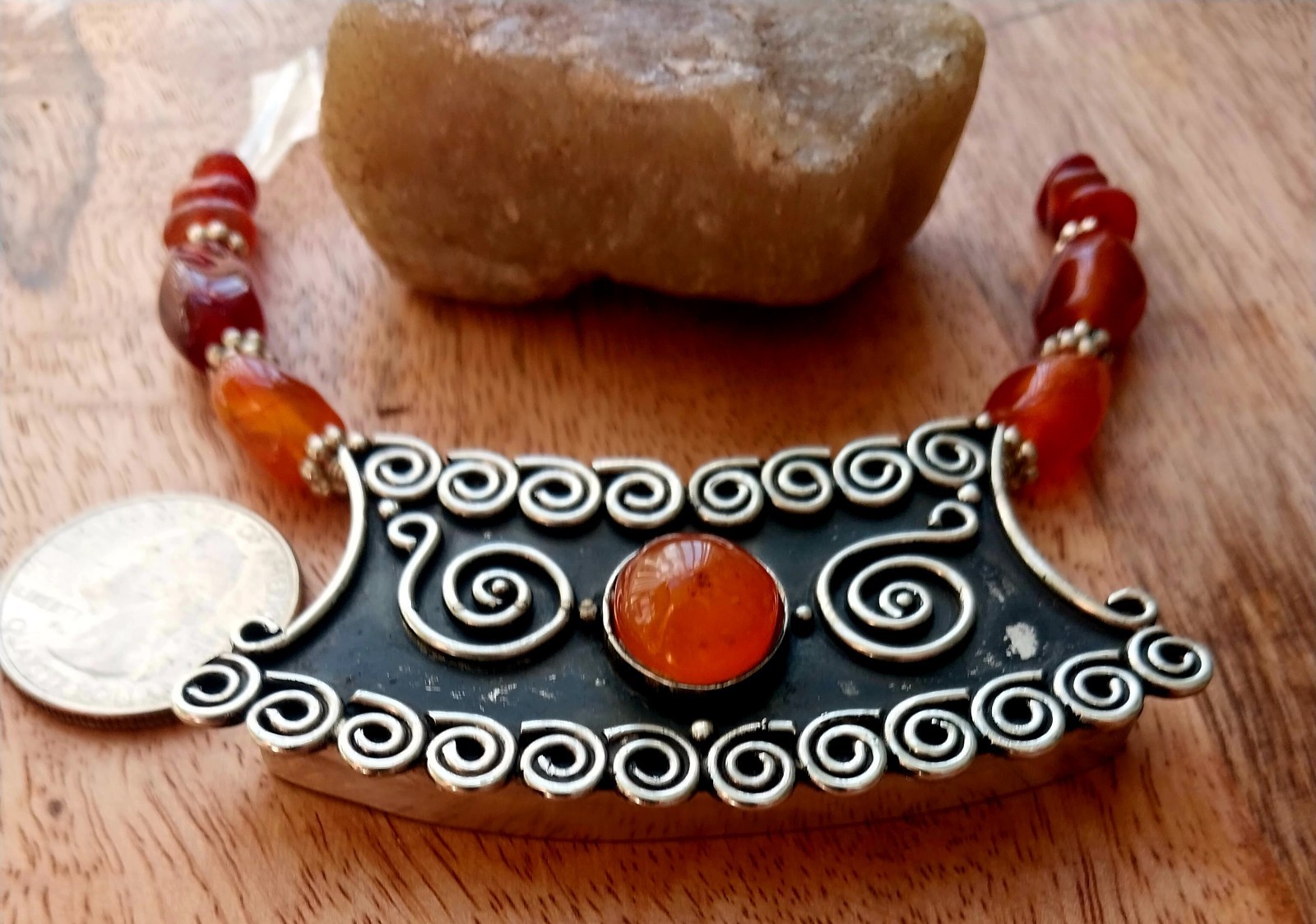 Sri Lanka 925 Antique Carnelian 3 Hole Pendant + Carnelian Loose Pebbles