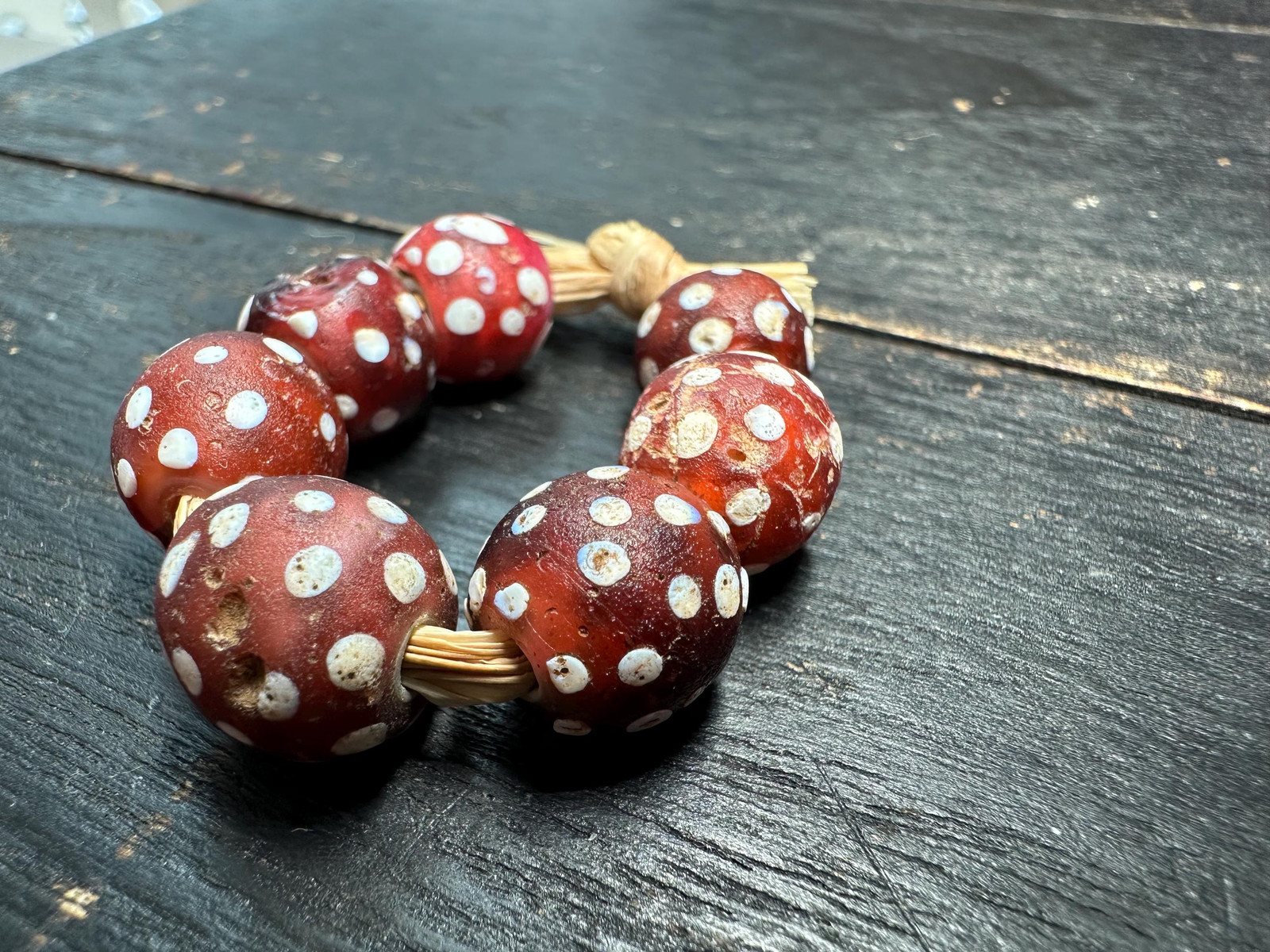 Antique Venetian Skunk Eye Trade Beads: Red African Glass, Set of 7