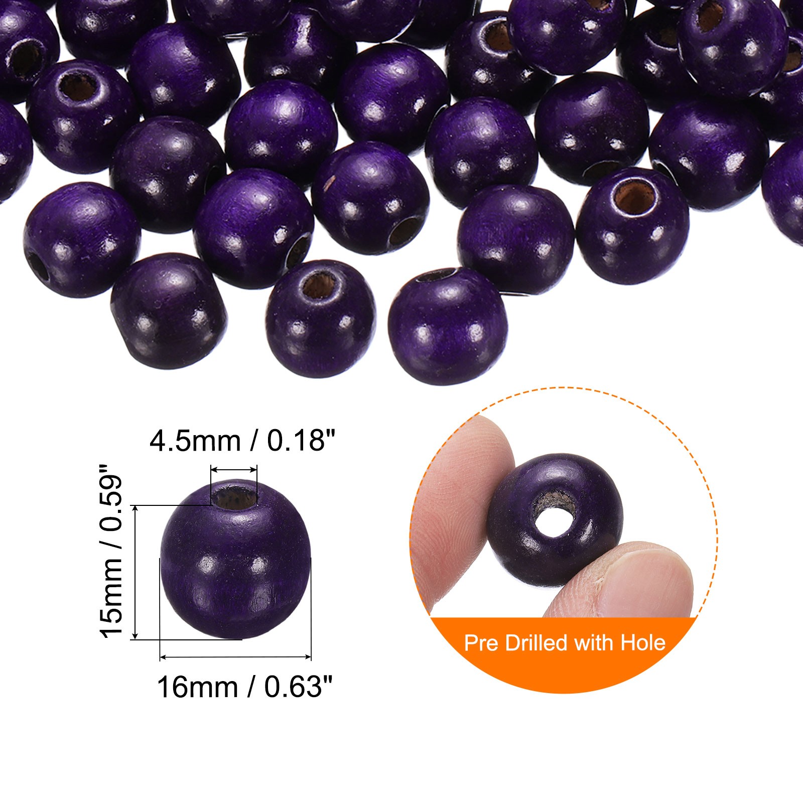 200Pcs Large Hole Wooden Beads 15x16mm Natural Round Wood Bead Purple