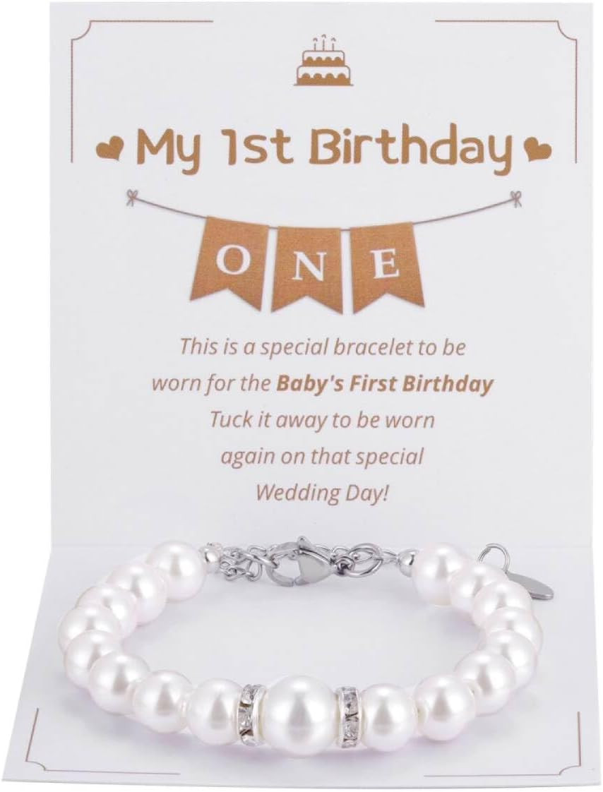 First Birthday Pearl Bracelet Gift for 1 Year Old Daughter Granddaughter Niece,