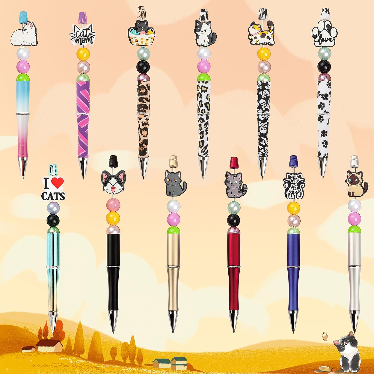 12Pcs Cat Silicone Focal Beads for Pens, Adorable Beadable Pen Charms Keychai…