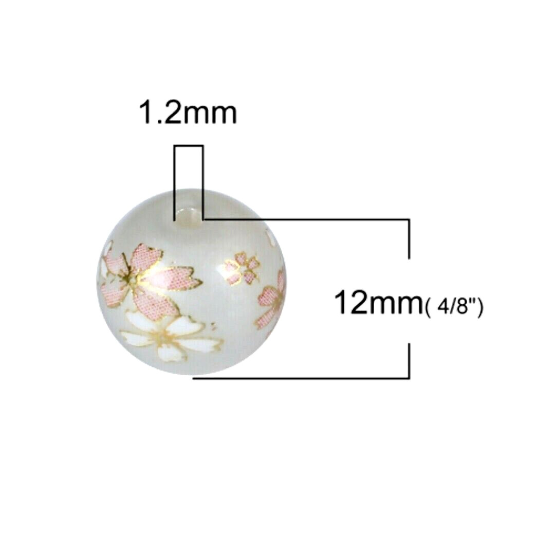 5 Japanese Tensha Glass White Pink Sakura Flower 12mm Round Bauble Ball Beads