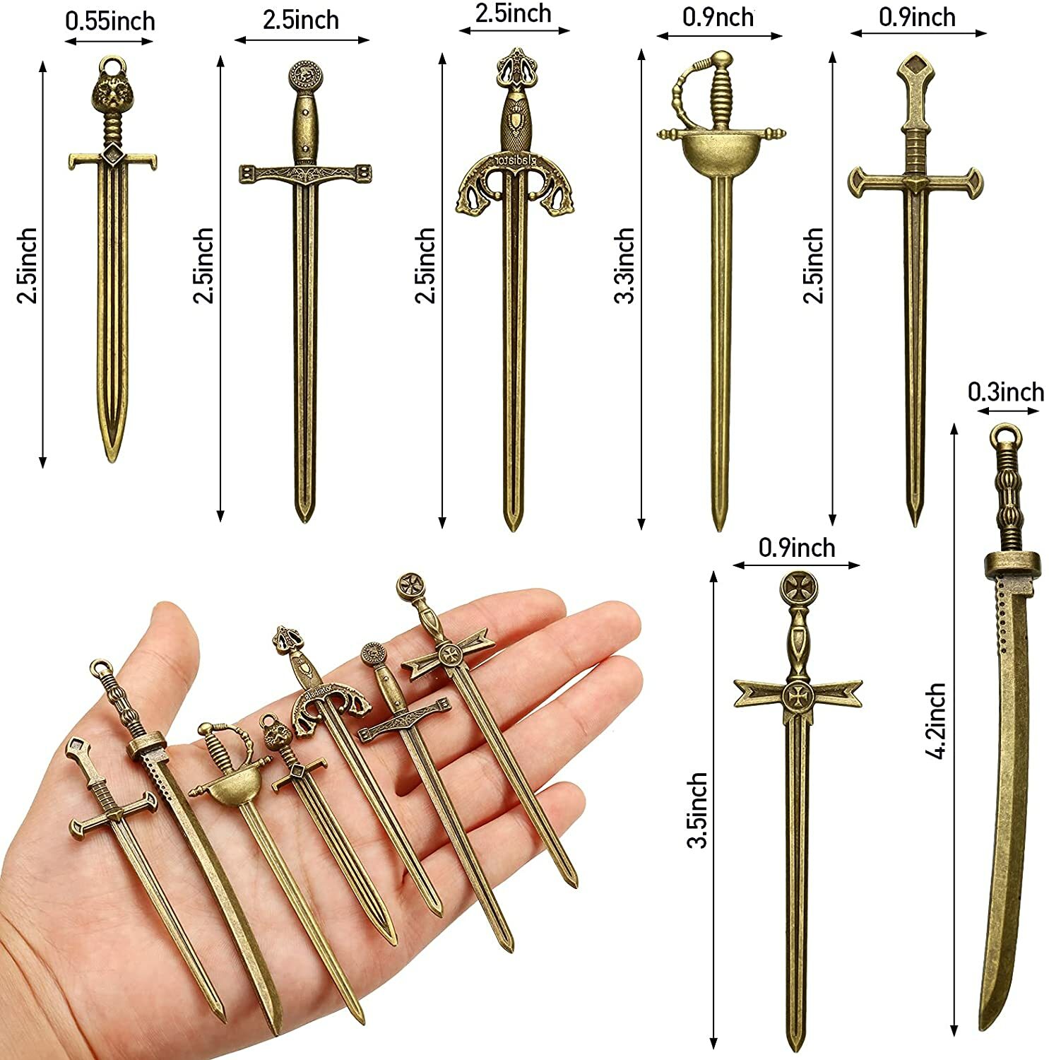 3 Large Sword Pendants Antiqued Bronze Medieval Charms Focal Jewelry *