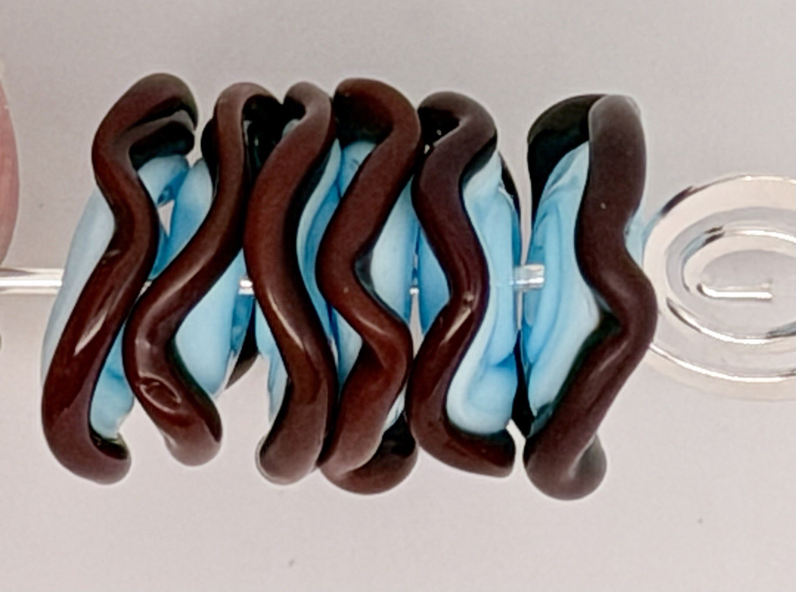Lot Of 6 Handmade Artisan Lampwork Disc Beads Approx 15mm Brown & Light Blue