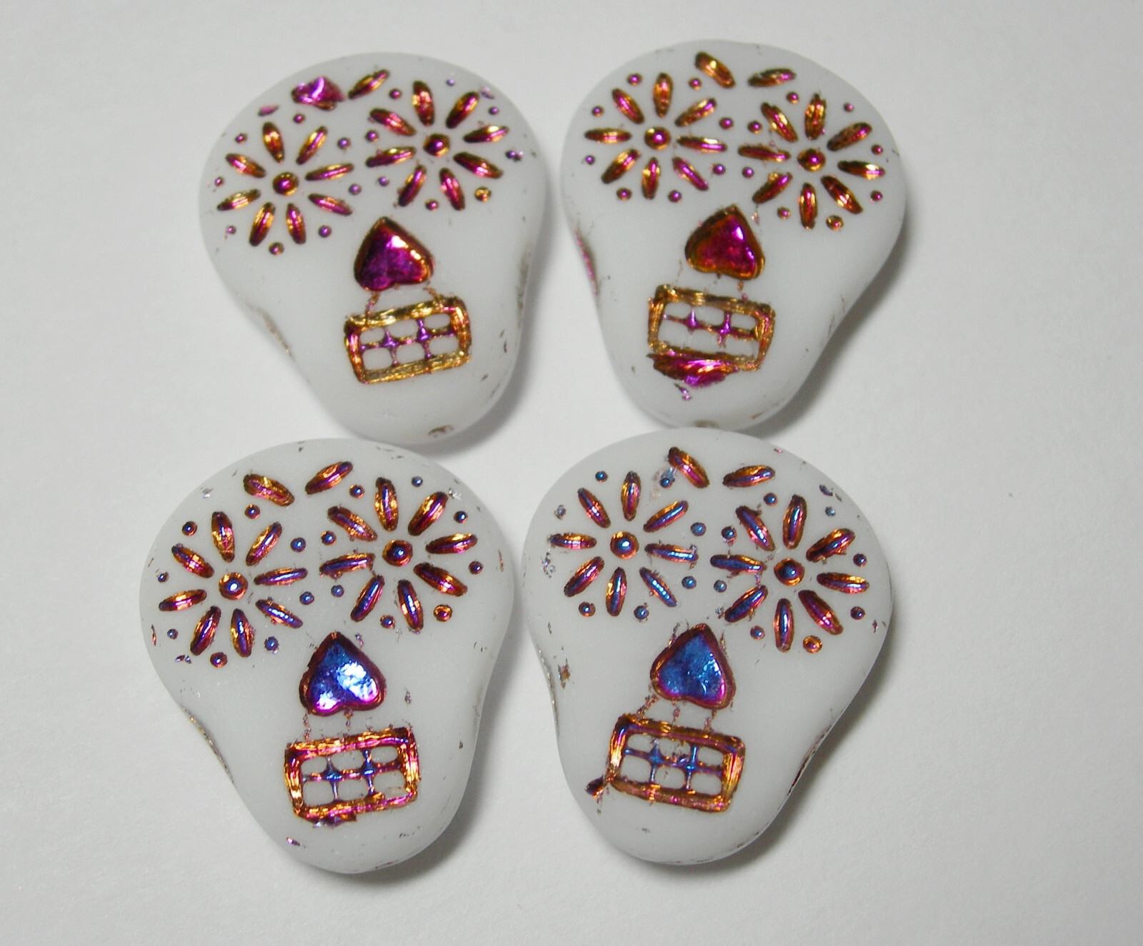 Czech glass Sugar Skull Beads – Matte White Sliperit – 4 beads – 20mm x 17mm