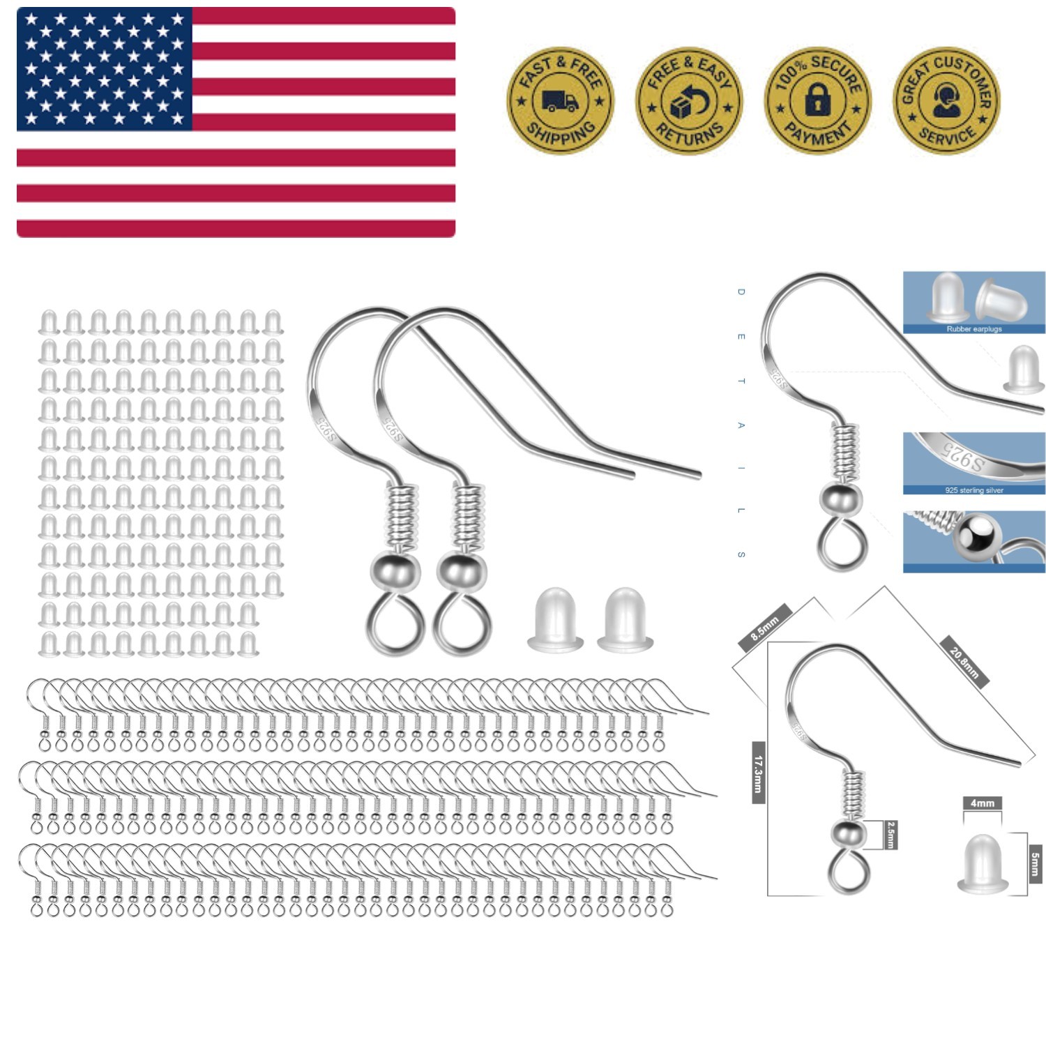 925 Sterling Silver Earring Hooks 120 PCS/60 Pairs, Ear Wires Fish Hooks, Hyp…