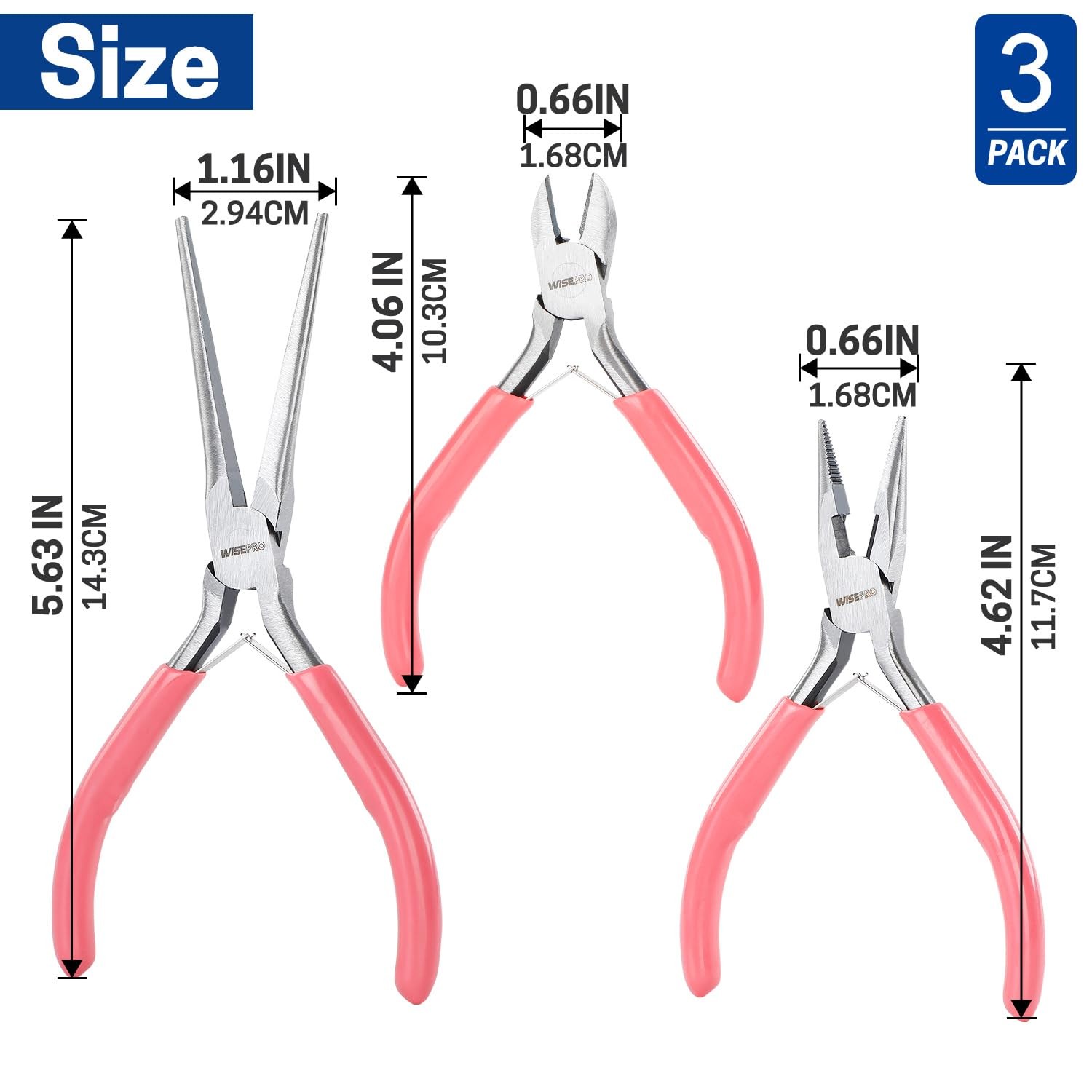 WISEPRO 3 PCS Mini Pliers Set, Pink Jewelry Plier Kit with Needle 3 PCS,