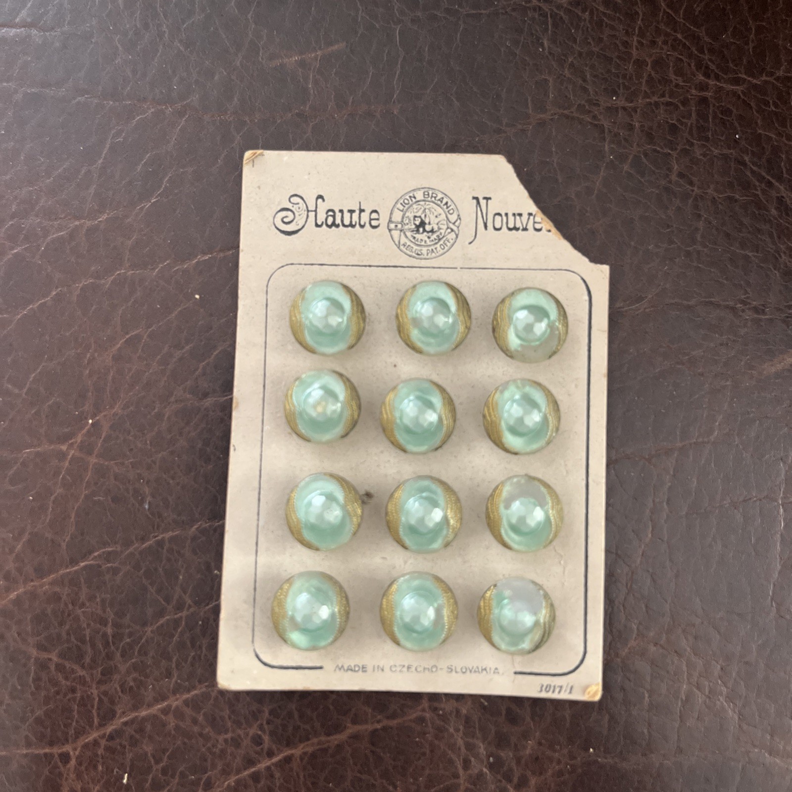 Antique Haute Set 12 Czech Miniature Buttons Partial Original Card Lion Brand