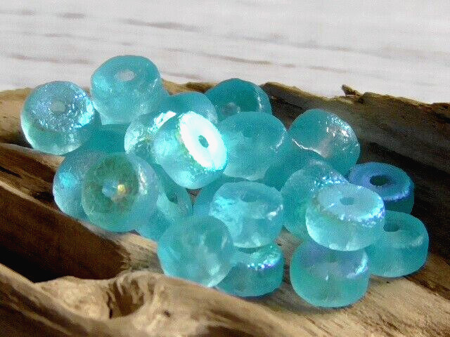 25 – 6x3mm CZECH TRANSLUCENT MATTE ETCHED AQUA BLUE AB HEISHI DISC RONDELLE