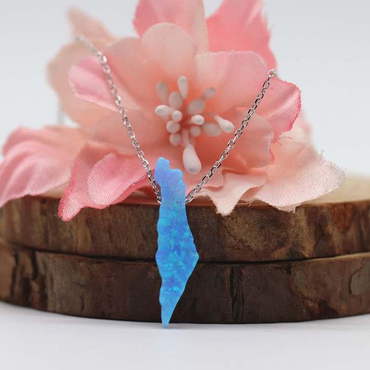 1pc Neck chain Israel Map high Quality White and Light Blue Synthetic Opal