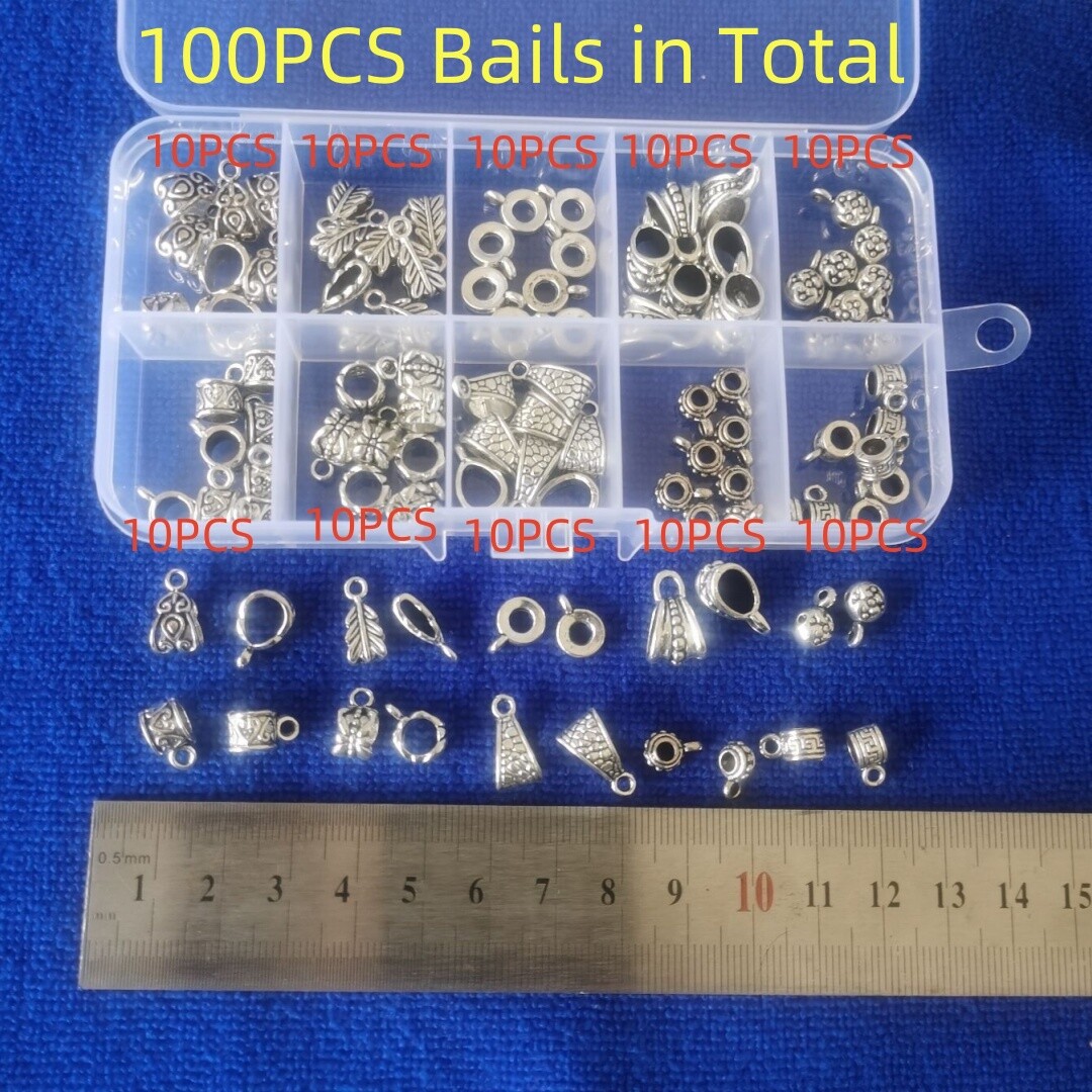 100PCS Antiqued Silver Metal Bails Beads in Storage Box for Jewelry Making