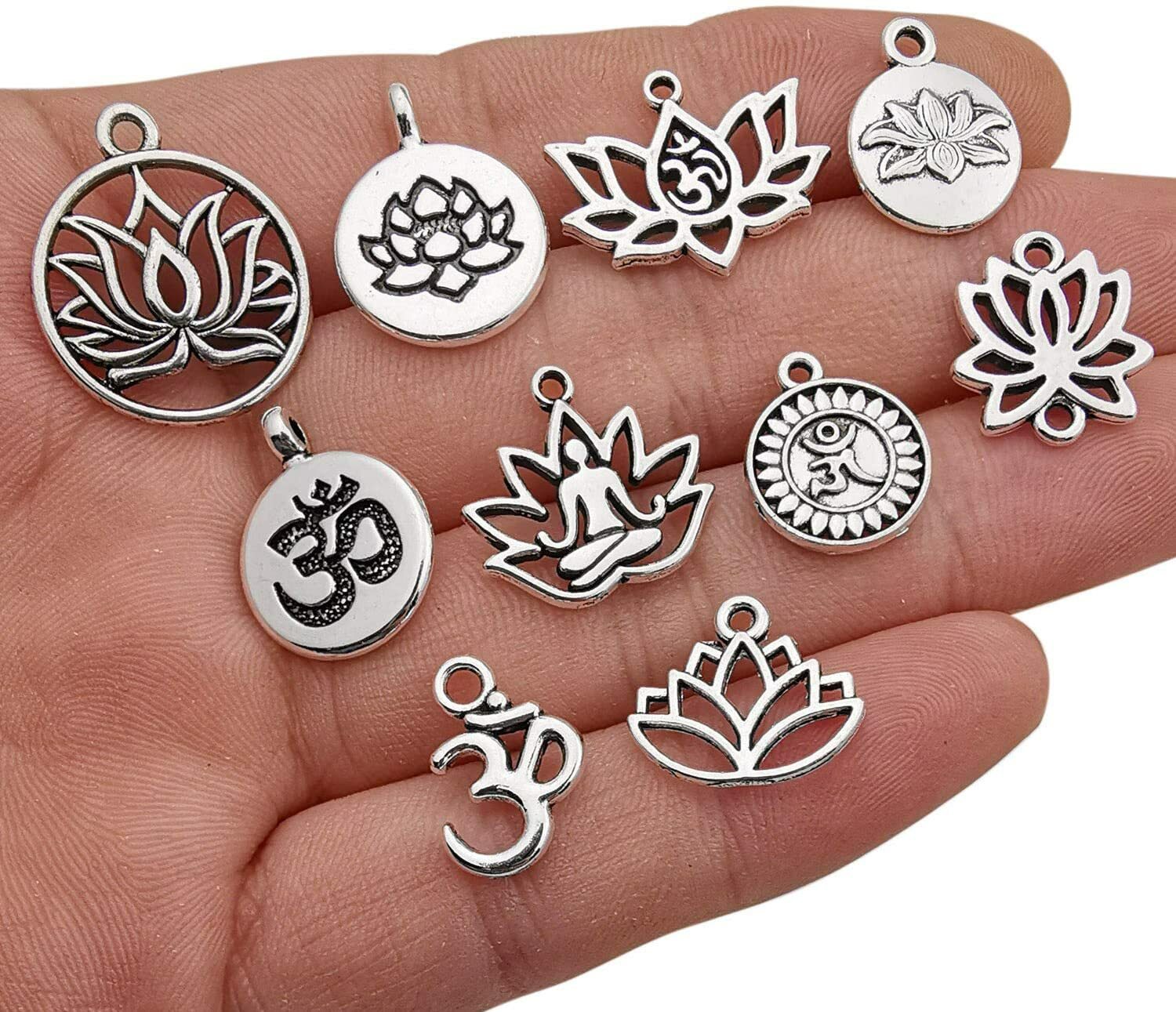8 Yoga Charms Meditation Charms Antiqued Silver Gold Zen Charms Lotus Flower
