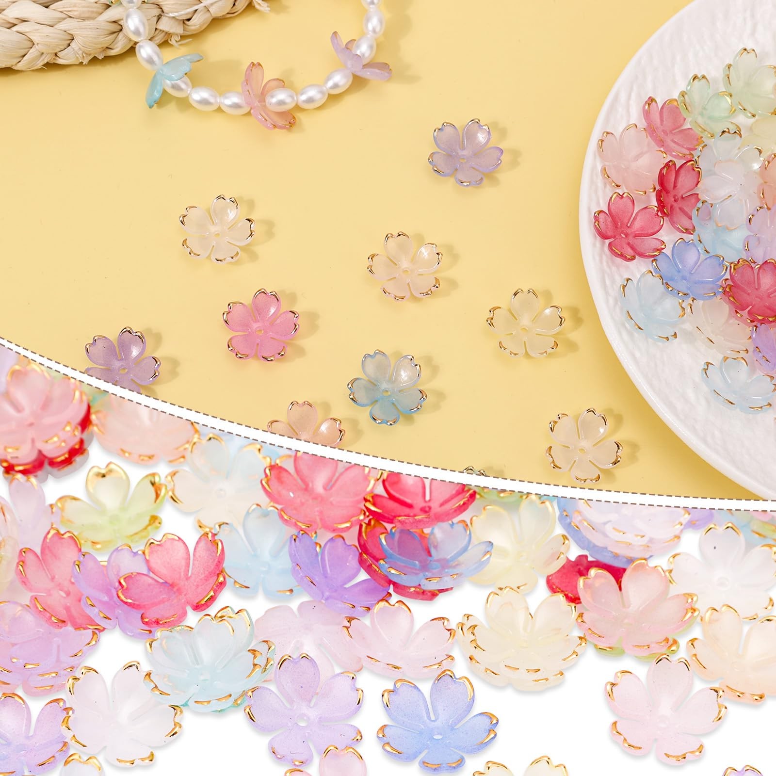 100pcs Cherry Blossom Beads, 5-Petal Acrylic Flower Beads with Gold-Plated Edge