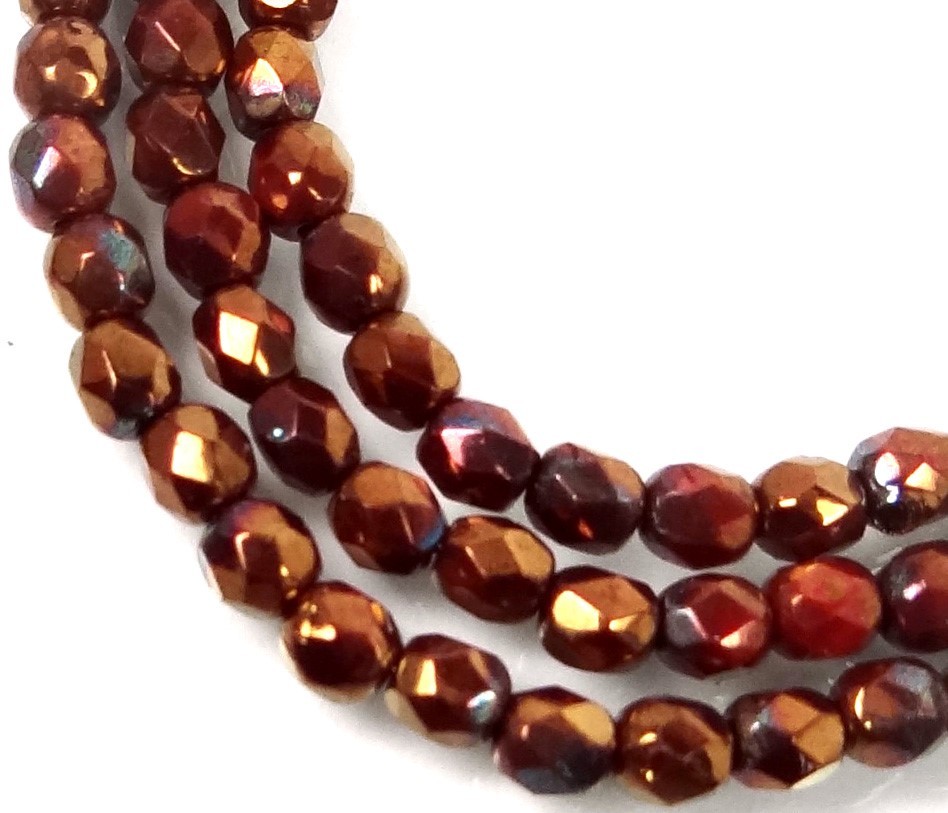 50 Firepolish Czech Glass Faceted Round Beads – Opaque Red – Bronze Hematite 4mm