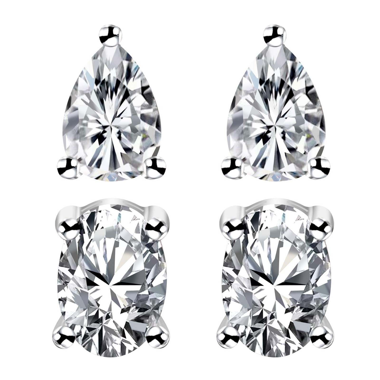 2 Pairs Earrings Tear Drop & Oval Ear Stud Platinum Plated Earrings Inlaid with