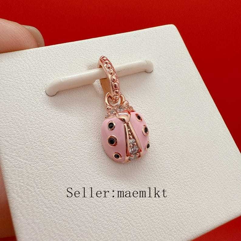 New 925 Sterling Silver Rose Lucky Pink Ladybug Charm 387909EN160
