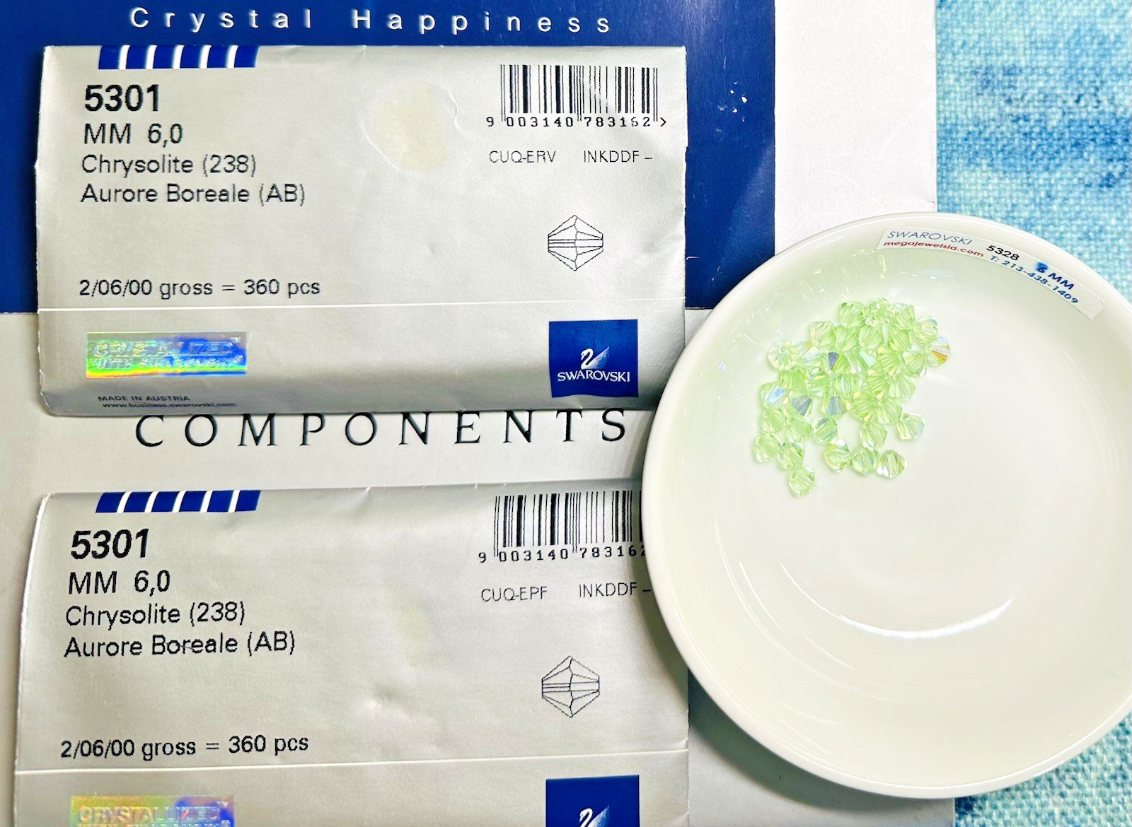 Swarovski 5328 6mm Chrysolite AB Sealed Pack 360pcs. Austrian Rare Crystals
