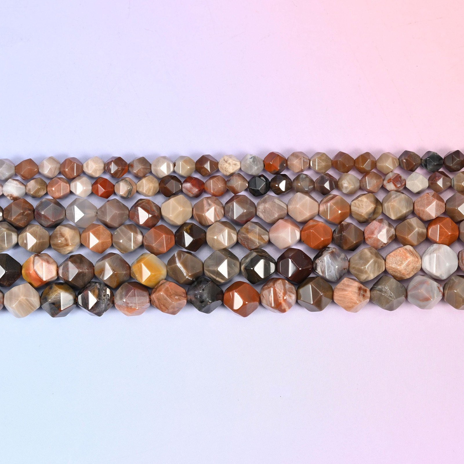 Petrified Wood Beads: Faceted Diamond Star Cut, 6-10mm, 15.5 inch Strand