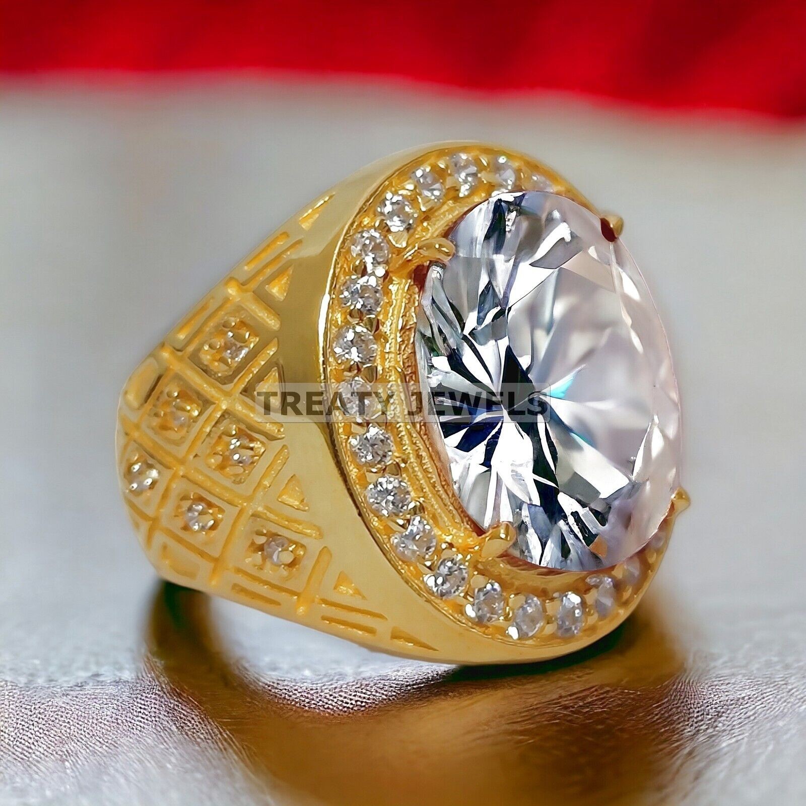 Moissanite Oval Cut With 925 Sterling Silver Gold Plated Ring For Men’s #794 #