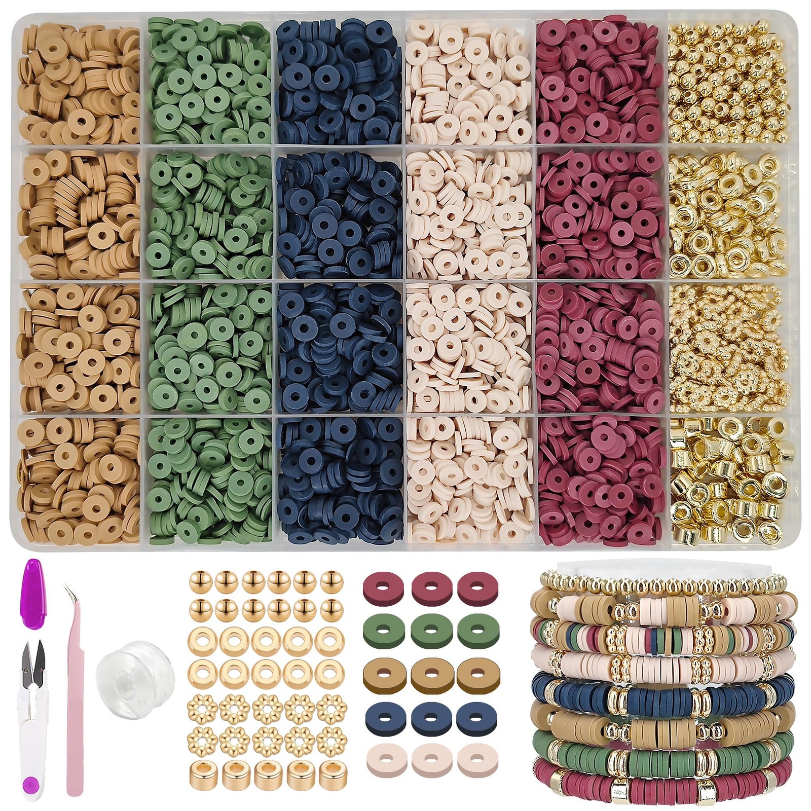 Earth Tone Clay Bead Bracelet Kit, Heishi and Flat Clay Beads, Gold Spacer fo…