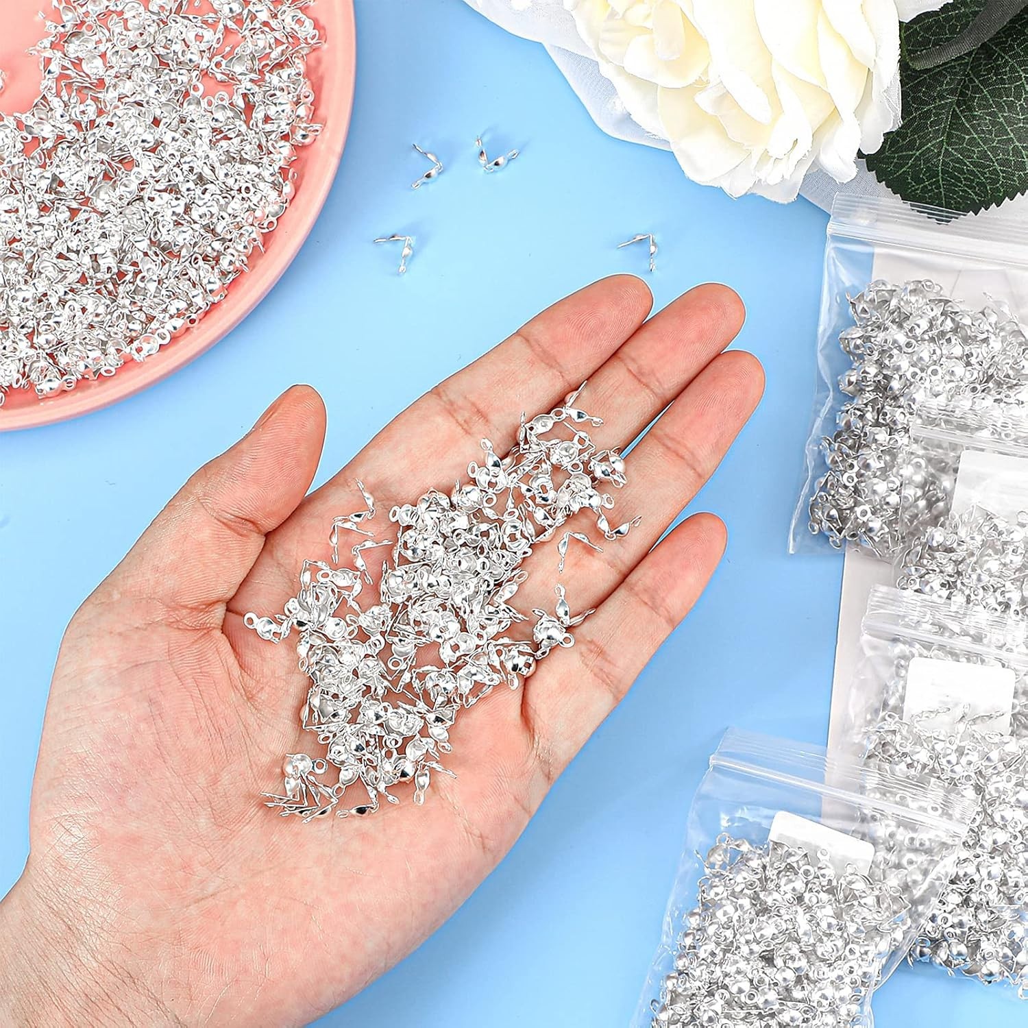 Easy-to-Use Silver Bead Tips – 1400 Clamshell Knot Covers for Jewelry Crafting