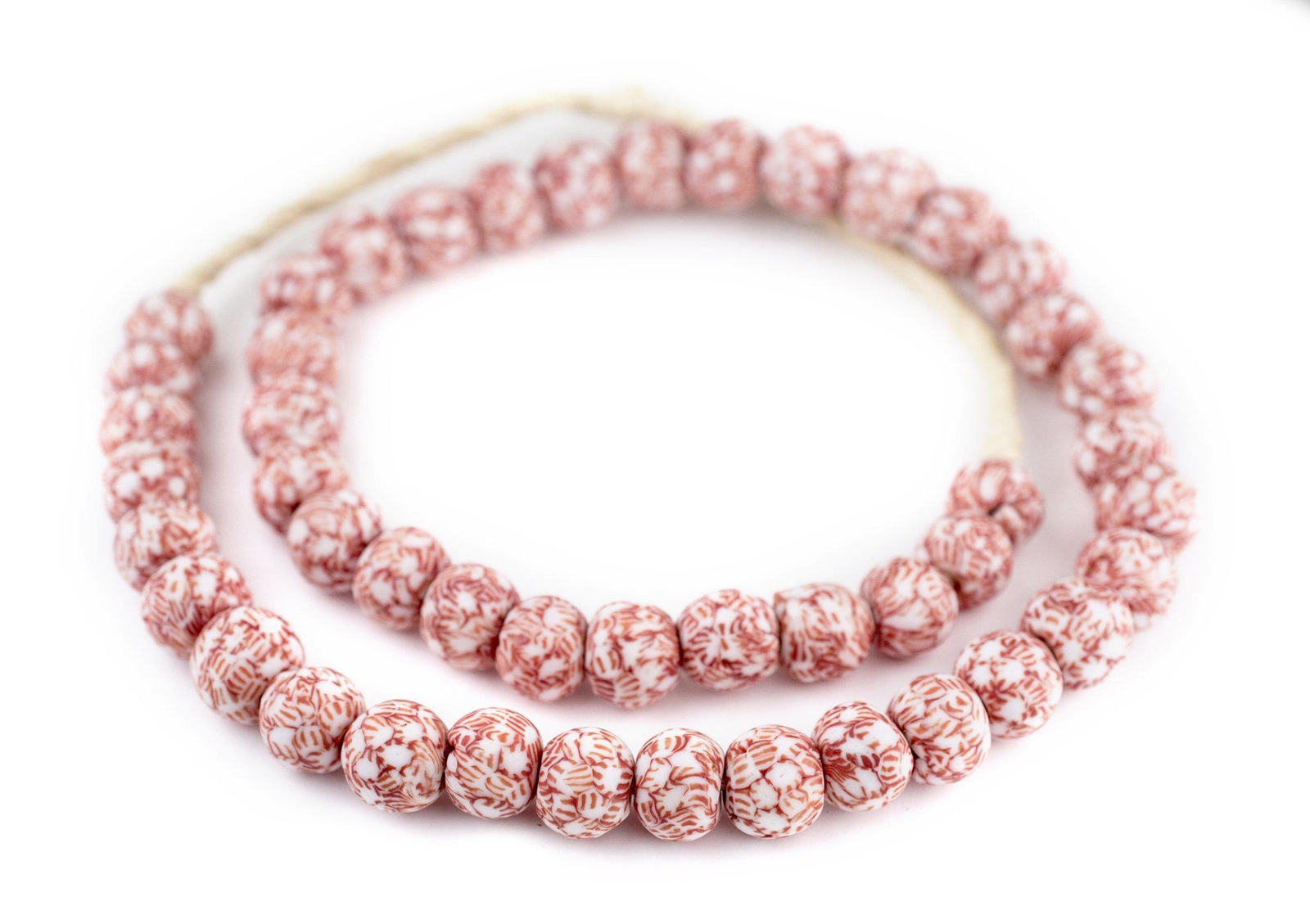 Red & White Fused Recycled Glass Beads 14mm Ghana African Round Large Hole
