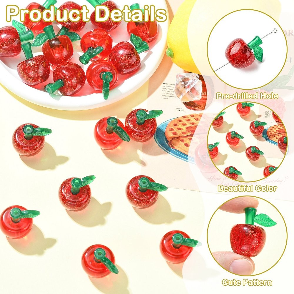 20x Transparent Acrylic Bead Apple Glitter Powder Spacer Bead for Jewelry Making