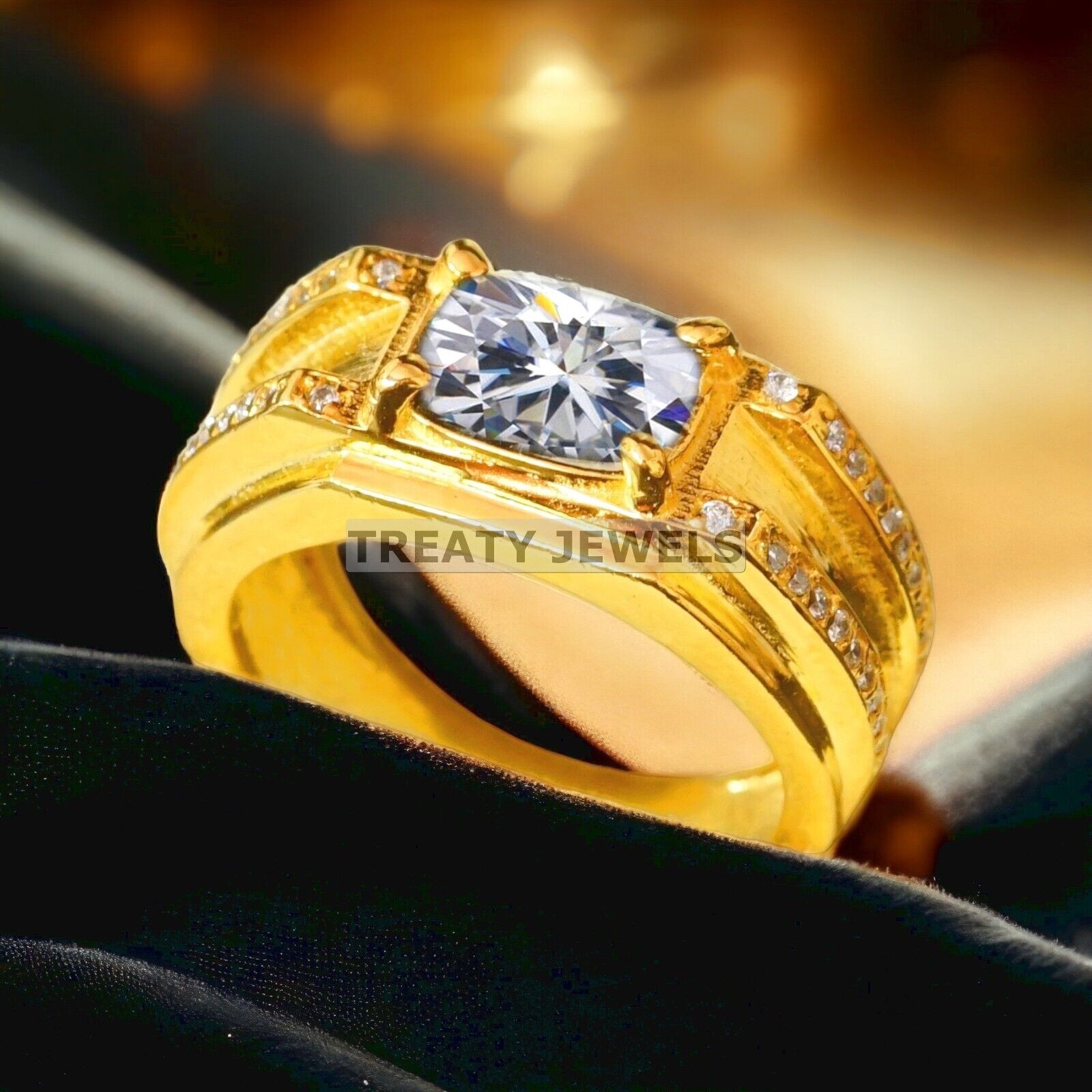 Moissanite Oval Cut With 14k Yellow Gold Ring For Men’s #A436 #
