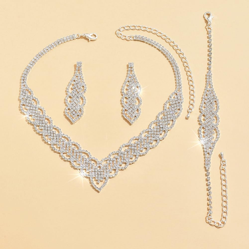 Boho Bridal Wedding Silver Shinny Rhinestones Choker Necklace Earrings Bracelet