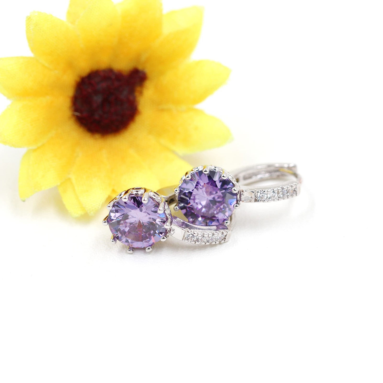 Platinum Plated Round CZ Lever Back Earrings Purple Crystal Birthstone Earrings