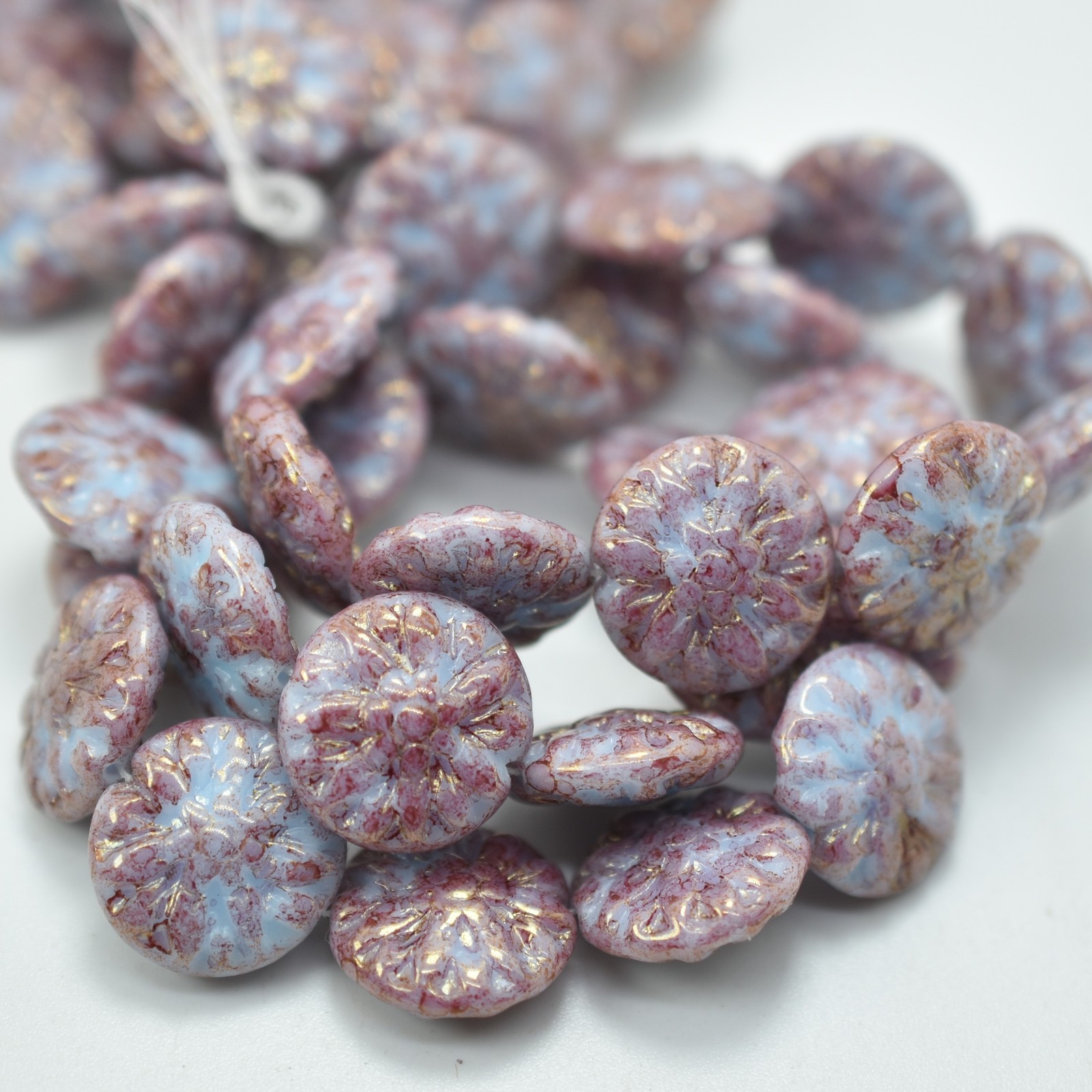 14mm Dahlia Powder Blue Hyacinth Wash (4 Beads) Czech Glass