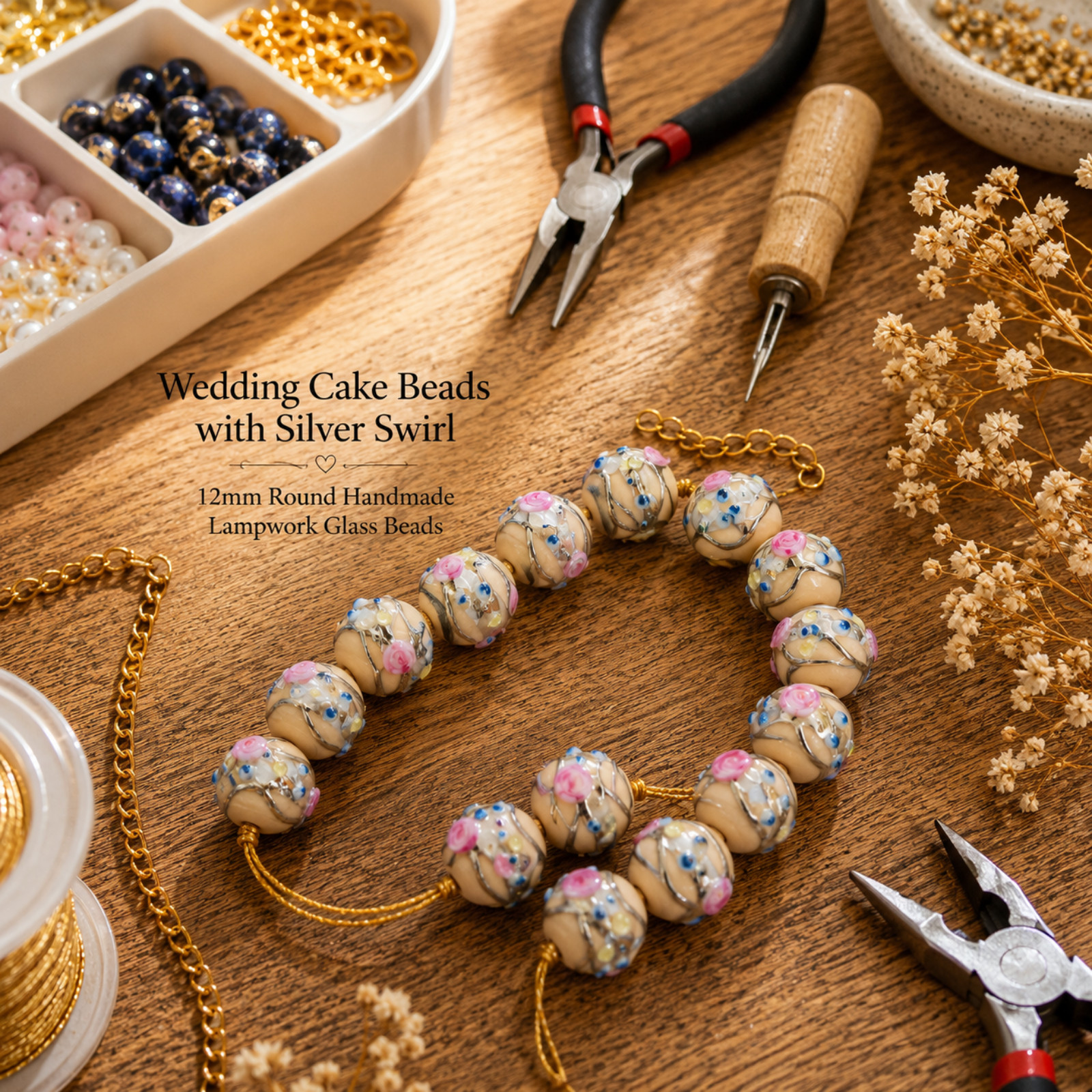 100 Pcs 12mm Wedding Cake Beads with silver swirls, Duty Paid Delivery