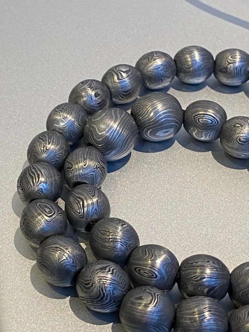 Damascus, Hand forged round Bead – Custom made -15 mm with a 3.5mm hole